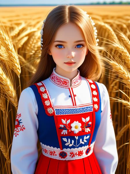 professional photo of girl, Embroidery, russia, red blue white, intricate, detailed, detailed skin, detailed eyes, photo made with Canon EOS, volumetric light, wheat field, popular on artstation, popular on deviantart, popular on flicker, look viewer