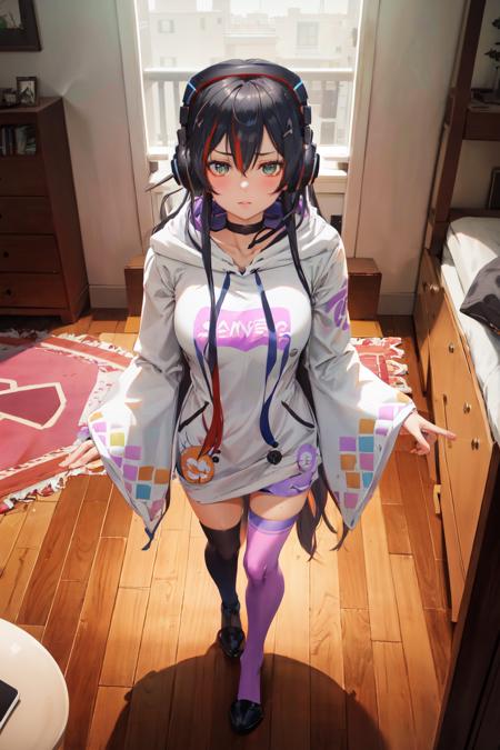 masterpiece, (detailed, highres, best quality), 1girl, <lora:spmikaMelatika-09:1> melatika1st, headphones, black choker, white hoodie, print hoodie, wide sleeves, sleeves past wrists, purple thighhighs, single kneehigh, from above, indoors, mimikaki, rug, wooden floor