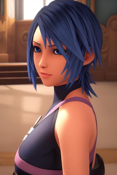 Highly detailed, High Quality, Masterpiece, <lora:[Floor]KHAqua:.8>, solo, 1girl, KH-Aqua, blue eyes, blue hair, short hair, arm armor, pink torso strap, chest ornament, dark blue halter turtleneck, young woman, blue skirt with white ribbons, grey fingerless gloves, black shorts, black thighhighs, smiling, waving