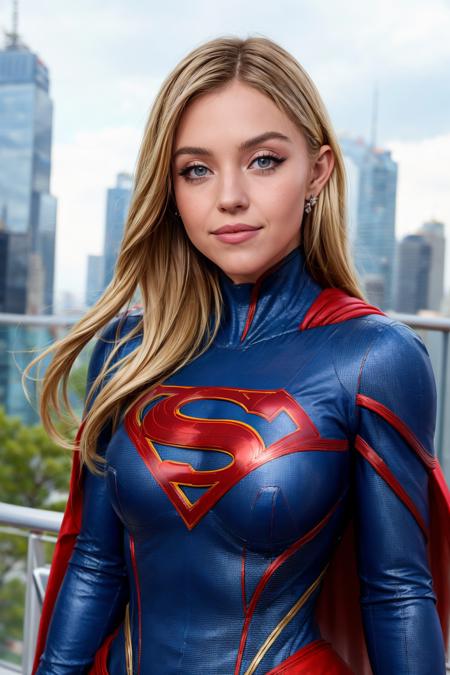 (close up photograph of Sydney, in supergirl cosplay, on rooftop of skyscraper in city, small smile), ((looking at viewer))
 <lora:Sydney Sweeny:0.8> <lora:add_detail:0.7>