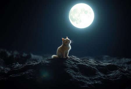 Nighttime lunar landscape featuring a whimsical, adorable cat sitting atop a craterside, illuminated by the radiant glow of the full moon hanging low in the dark sky. The cat's fur shines like stardust as it gazes up at the celestial body, its tiny paws and ears visible despite the vastness of the moonlit terrain.