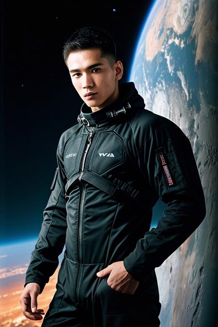 1man, upper half body portrait, 26yo, masculine, wearing techwear vacc suit, portrait photograph, Cinestill 800T Canon 5D DSLR, full color, highly detailed, 8k UHD, skin pores, matte, ultra realistic face and body. Space station background, sci fi theme