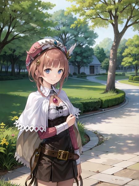 charrorona, 1girl, solo, masterpiece, best quality, smile, upper body, capelet,closed mouth, hat, jewelry, standing, belt, dress, skirt, bow, blush, looking at viewer, necklace, pendant, arms at sides, outdoors, town, path, tree, <lora:roronav1a:0.9>