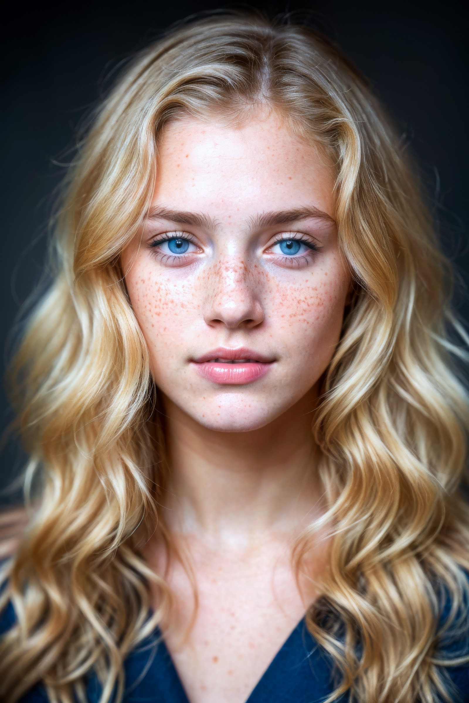 a photo portrait of a beautiful girl with curls and lots of freckles, (dirty blonde hair), (detailed blue eyes), (face por...