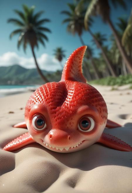 8k, photorealistic, dof, colourful, soft light, high-resolution picture,
A cute red shark made of strawberry, 
big eyes, detailed eyes, 
beach background, palm tree
