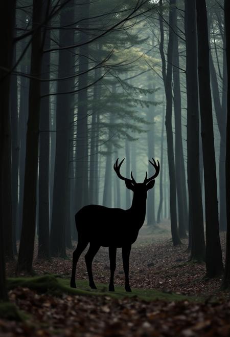 in the woods an outline of a deer with black ferrofluid with empty space between