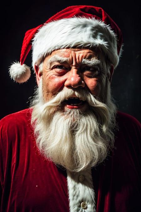 santa claus with wipe, dirt, hitting, angry, christmas background, dark theme, high contrast, (hyperrealism, sharp), amateur photoshoot, depression, film grain, dread, shabby, grime, angst, seedy, downtrodden