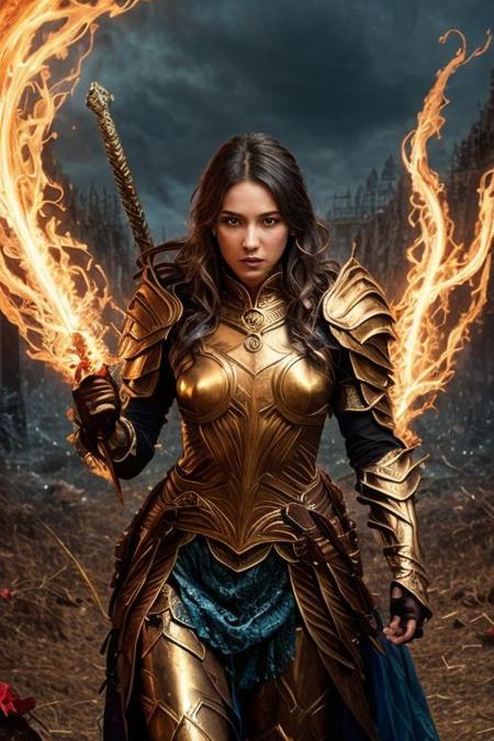 fantasy setting; angry amazon warrior in mail armor, striding down a battlefield of defeated enemies. Wielding a magical red longsword. Magical red energies swirl around her. Long wild messy hair. Glowing blue eyes, alluring eyes. Magical energy aura. Fit, toned, lean, lithe, athletic and muscular body. Thin waist, slim hips. Ferocious furious intense expression. very detailed, high quality, award winning photo,