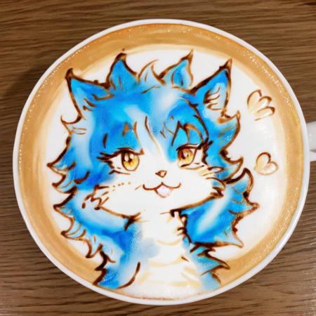 ,a cup of coffee with a drawing of a omaneku on it, <lora:latte_art:0.8>In an artful composition reminiscent of an anime drawing, a playful scene unfolds. A resplendent blue wolf, clad in a military-style camouflage shirt, stands prominently in the foreground, capturing attention with its unique fashion sense. To the left, a captivating cartoon depiction of a cat with blue hair and blue eyes adds a fantastical element to the setting, intriguing the viewer with a touch of whimsy. The carefully drawn image showcases intricate details, such as a blue and white hood capturing the essence of urban fashion, and a paw with pink spots, playfully creating a sense of individuality. The overall composition sparks curiosity and invites further exploration., <lora:omaneko:0.8>,omaneku