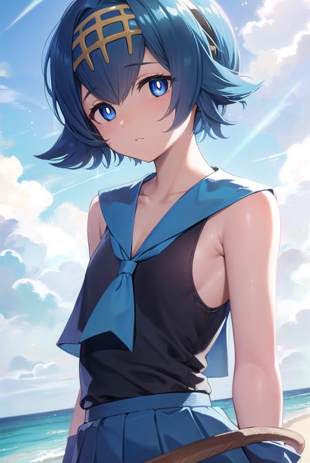 pokemonlana, blue eyes, blue hair, freckles, hairband, short hair, white pupils, yellow hairband, (bright pupils:1.5), bare arms, black thighhighs, blue sailor collar, blue skirt, collarbone, one-piece swimsuit, pleated skirt, sailor collar, shirt, skirt, sleeveless, sleeveless shirt, swimsuit, swimsuit under clothes, thighhighs, white shirt,