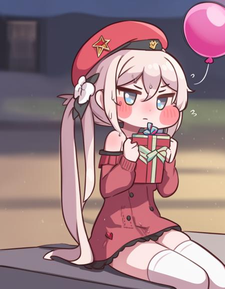 1girl,9a-91 (girls' frontline),alternate costume,balloon,bangs,beret,blue cardigan,blue eyes,blurry,blush,bodice,box,cardigan,dress,flying sweatdrops,gift,gift box,hair between eyes,hair flaps,hair ornament,hat,heart,holding,long hair,long sleeves,looking at viewer,off shoulder,open clothes,pink dress,red headwear,russian text,sidelocks,sitting,sleeveless,sleeveless dress,solo,thighhighs,twintails,valentine,very long hair,white hair,white thighhighs,white thighhighs <lora:opinew6-10:1>