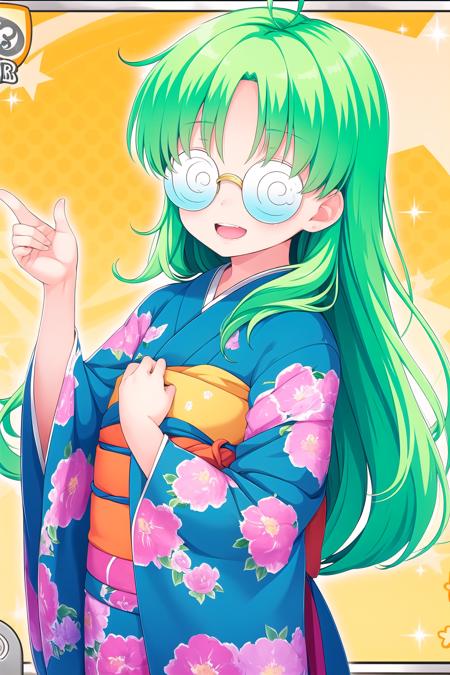 (masterpiece, best quality), highly detailed background, perfect lightingbest quality, yukawakise, solo, green hair, ahoge, long hair, glasses, coke-bottle glasses, opaque glasses, round eyewear, blue kimono, floral print, japanese clothes, smile, open mouth, pink lips, <lora:Yukawa-Kise:0.7>