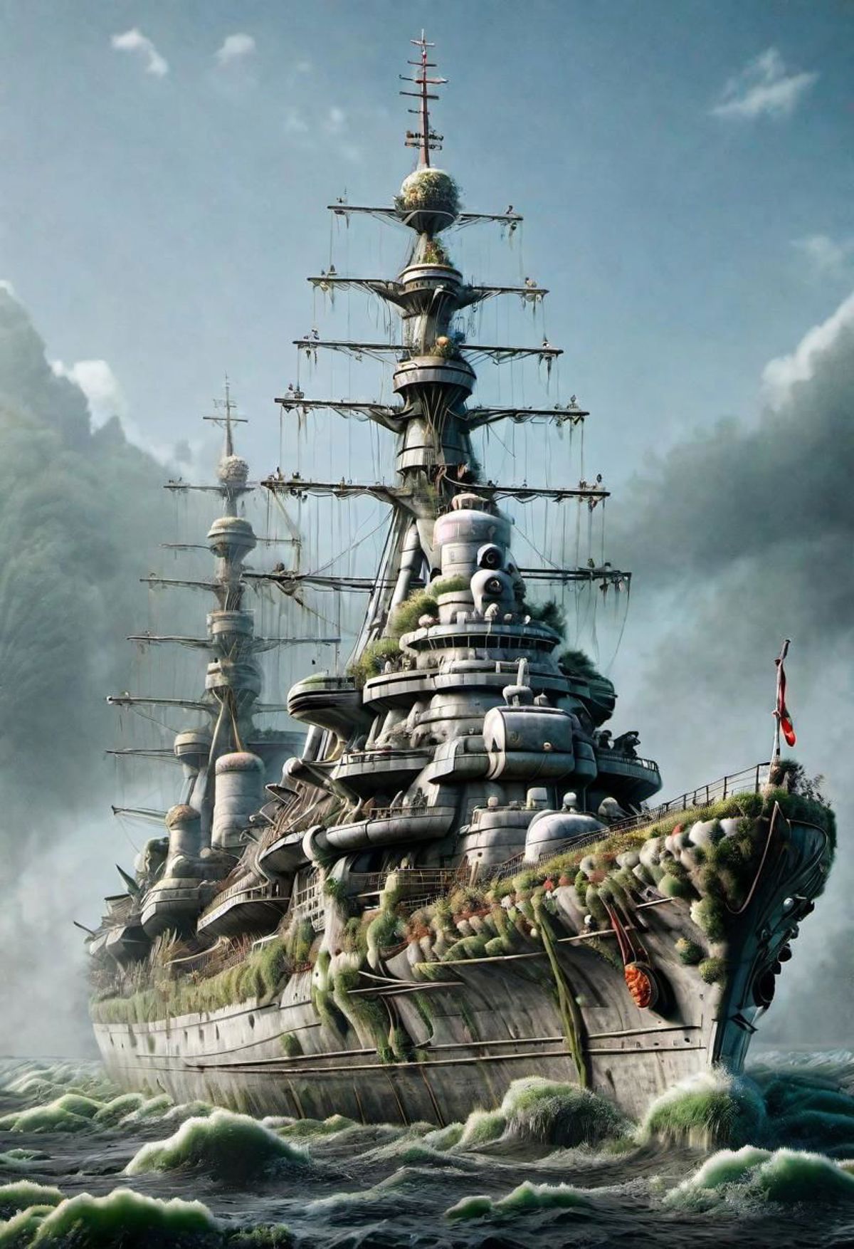 A large ship with greenery growing on it, sailing in the ocean.