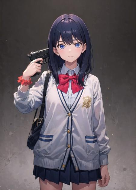 (g2h, gun to head, holding gun), cowboy shot, 1girl, dsrikka, black hair, long hair, blue eyes, cardigan, microskirt, red bowtie, school uniform, orange wrist scrunchie, <lora:dsrikka_lc_768:0.8>