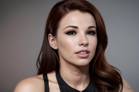 a portrait of DEN_sabrina_maree in front of a [plain black background] wearing a black tank top, collarbone, [headshot], [centre frame], looking at the camera, facing the camera,
[gentle smile closed mouth], dynamic lighting, mole above her lip on the right,
photorealistic, high detail, detailed, masterpiece, 8k, highres, flawless, colour, professional