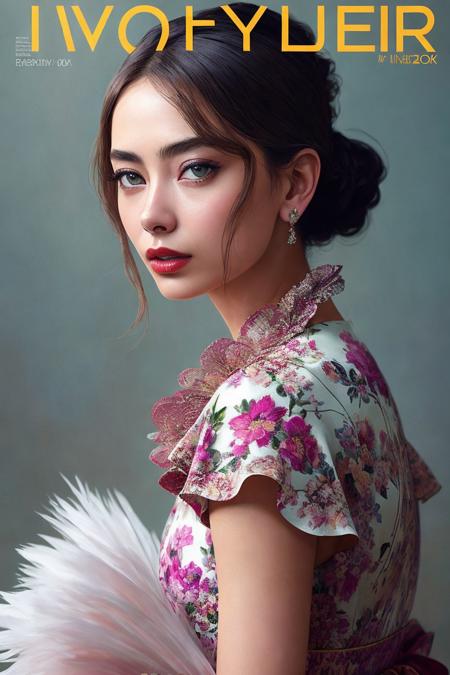 photo of (n3slih4n:0.99), a woman in the cover of a fashion magazine, (magazine cover:1.3), modelshoot style, (extremely detailed CG unity 8k wallpaper), photo of the most beautiful artwork in the world, professional majestic oil painting by Ed Blinkey, Atey Ghailan, Studio Ghibli, by Jeremy Mann, Greg Manchess, Antonio Moro, trending on ArtStation, trending on CGSociety, Intricate, High Detail, Sharp focus, dramatic, photorealistic painting art by midjourney and greg rutkowski, (floral dress with neckline), (looking at viewer), (detailed pupils:1.3), (modern outfit:1.2), (closeup), red lips, (eye shadow), (magazine print), (magazine text), (magazine title:1.1)