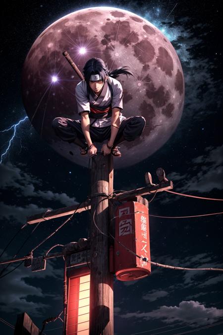 Uchiha itachi\(naruto\), absurdres, cable, electricity pole, night sky, full moon,  <lora:more_details:0.5>, ((1boy)),
