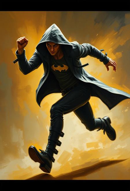 A painting depicting a sleek, enigmatic figure in dynamic motion, with intense dramatic lighting, high contrast, blurred lines, and action poses. The style is reminiscent of a masterfully crafted painting, conveying astonishment through rapidity and concealment.