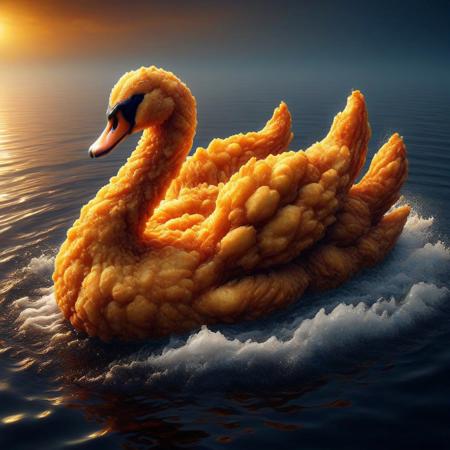 A deep-fried swan, golden and crispy, floating in a vast lake of rich, dark soy sauce. The scene is highly detailed, with steam rising from the swan’s crispy skin, oil glistening under the soft ambient light. The soy sauce lake reflects the warm hues of the setting sun, creating a surreal and cinematic atmosphere. The composition is artistic, blending realism with surrealism, evoking a sense of both culinary artistry and dreamlike fantasy. High-resolution, intricate textures, dramatic lighting, hyper-realistic food photography style. Dfc
,
