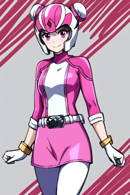 masterpiece, best quality, <lora:haru_arisugawa:0.7> haru_arisugawa, 1girl, solo, pink eyes, helmet, smile, looking at viewer, pink bodysuit, multicolored bodysuit, pink skirt, white boots, white gloves, belt, pink sleeves, cowboy shot, bracelet, tight skirt, pink pants, double bun,