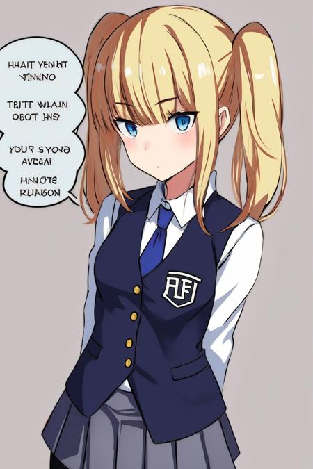 <lora:FBI-ChanV3-80:1>, FBI-Chan, 1girl, pantyhose, solo, skirt, blonde hair, blue eyes, english text, twintails,  upper_body, vest