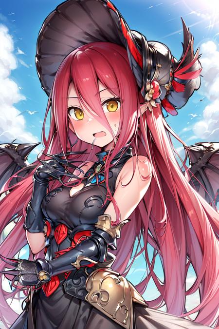 TYPHON TYPHON,1girl,yellow eyes,redeye,solo,very long hair,black dress,blush,elbow gloves,bare shoulders,heterochromia,black sclera,gauntlets, TYPHON,1girl,yellow eyes,redeye,solo,very long hair,black dress,blush,bare shoulders,heterochromia,black sclera,gauntlets,outdoors,blue sky,hat,fist shaking,STANCE,black wing,