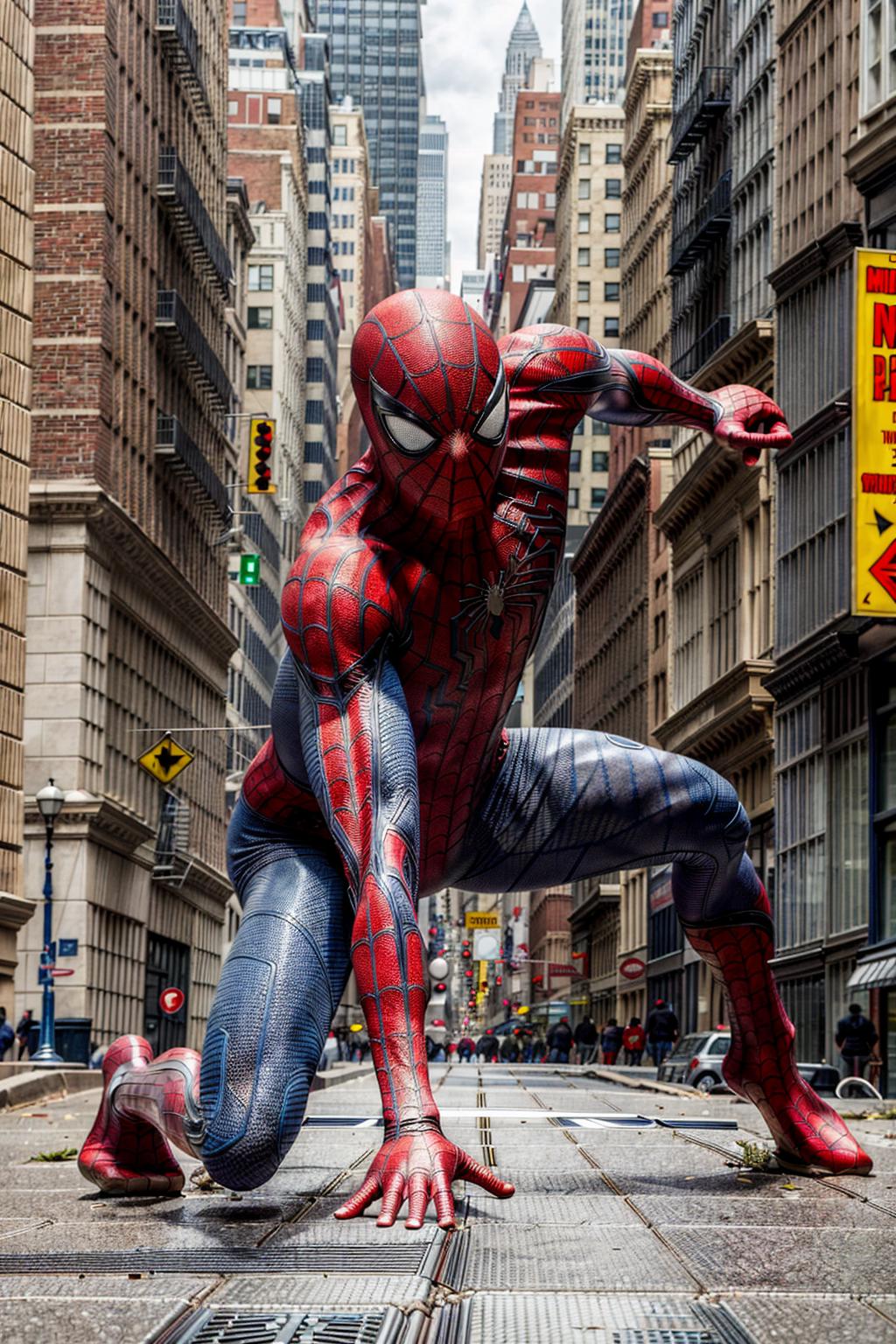 1man, Peter Parker, solo, bodysuit, superhero, superhero landing, on ground:1.0, Streets of Manhattan, perspective, straight on, from below, spiderman, Spider-man mask,
The Amazing Spider-Man