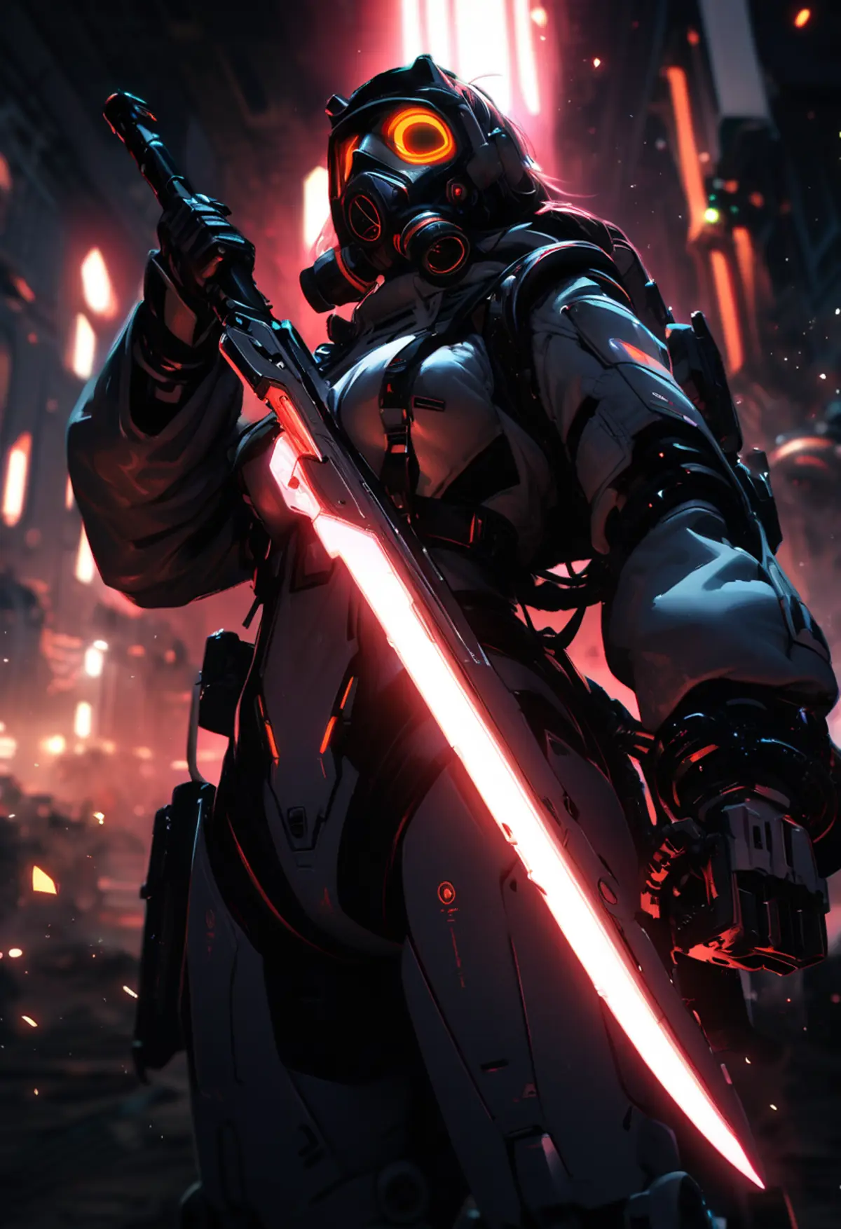 A futuristic warrior in an urban setting. The character is clad in heavy, detailed armor with glowing orange elements. The warrior wields a long sword that emits a bright red glow. 