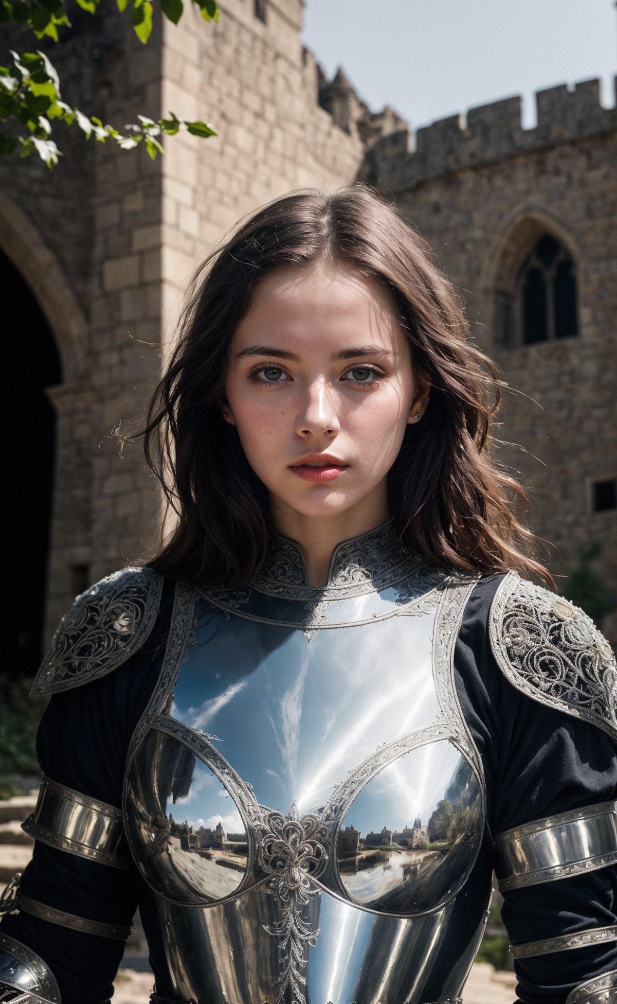 A young woman in a medieval-style armor, complete with a chainmail dress, looking directly into the camera.