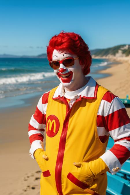 ronaldmcdonald, clown, red hair, on the beach, wearing sunglasses, upper body, anatomically correct, masterpiece, best high quality, ultra details, realistic, RAW Photo, perfect anatomy, 4k, 8k, quality lighting,