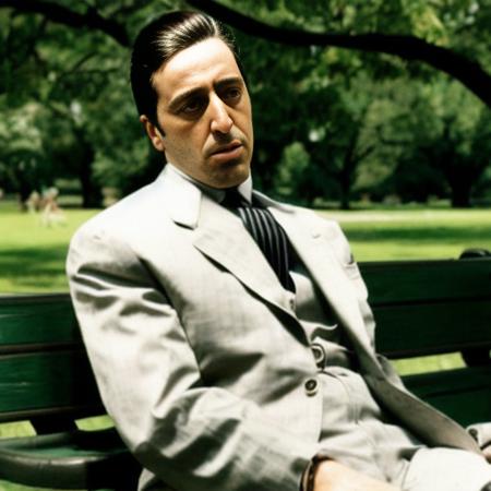 a picture of MichaelCorleone sitting in a park bench <lora:MichaelCorleone:1>