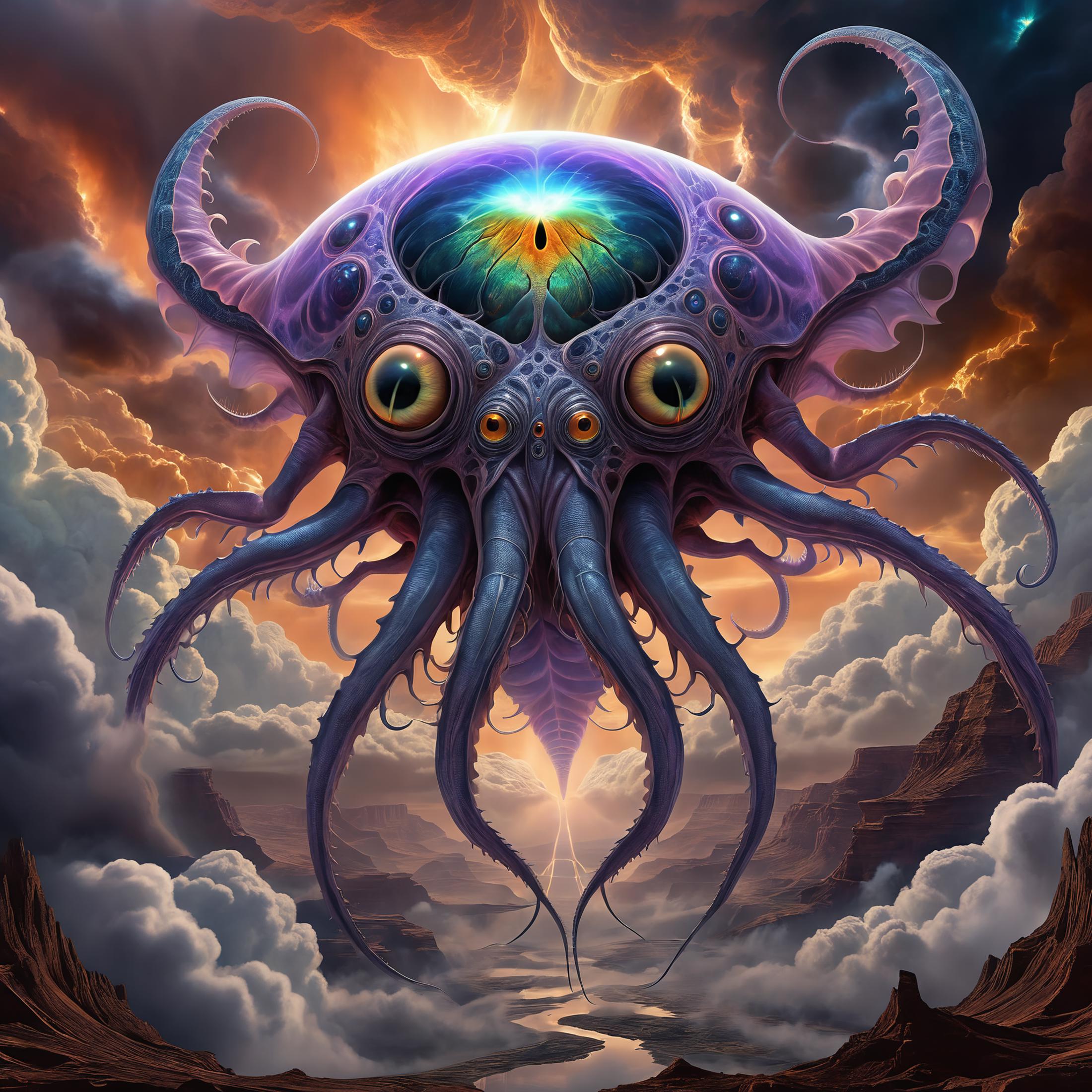 A surreal painting of a giant purple octopus with multiple eyes, surrounded by clouds and mountains.