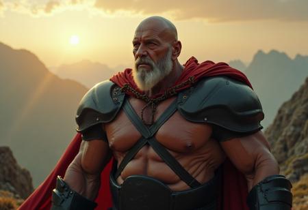 scifi movie still, old man mutating into huge bodybuilder angelic demon from heavenly hell in a mountainscape at dawn, with gigantic muscles, gigantic muscles, huge neck, bald, shaved shaven clean face, large round belly overhang, hairy armpits, tanned sweaty oily skin, huge veins on skin, large old mans hairy chest nipples, wearing black plate knight armor, long red tattered cape,