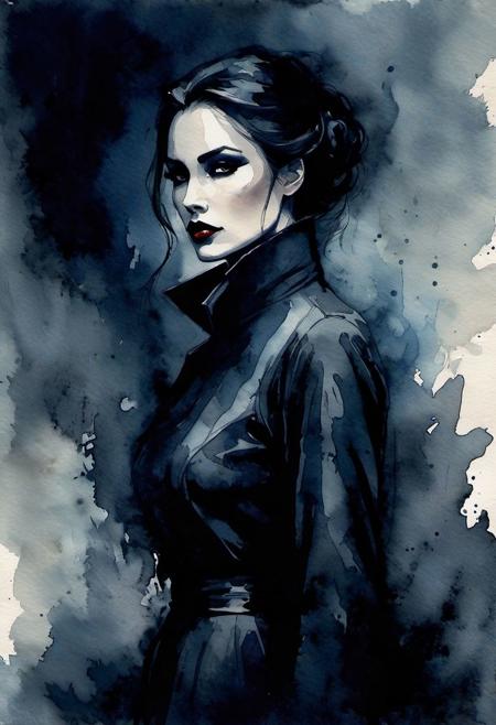 Dark Moody Atmosphere, Dark Fantasy Art, Watercolor style painting, The femme fatale, visible paper texture, colorwash, watercolor, dark, moody, dark fantasy style, dramatic, mysterious, dark moody atmosphere