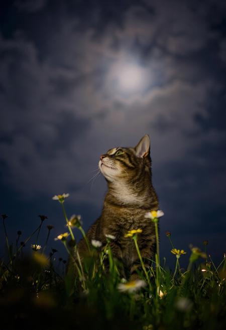 a cat looking at sky in night, wild flowers are lighted and blooming on ground