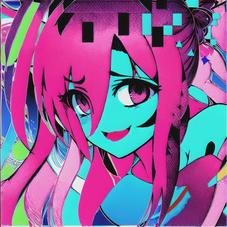 glitchcore, 1girl, solo, no mouth, colorful background, (corneo_aerith:0.8),  <lora:glitchcore-15_v2:1.0>