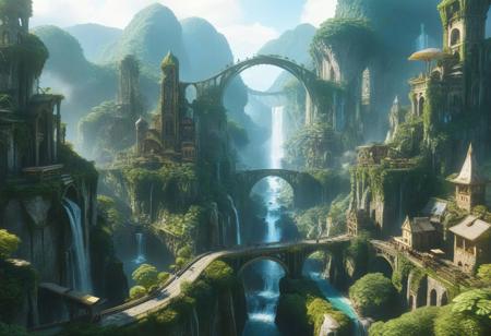 Wide angle view from high above. A huge, grand, majestic, sprawling fantasy cityscape built along a mountainside with waterfalls and arch shaped bridges. Sprawling high fantasy city with multiple intricate towers, aqueducts, and flying bridges connecting distant districts of the city. The city is surrounded by lush greenery and deep forests on the mountainside.