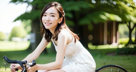 (masterpiece),(best quality:1.0), (ultra highres:1.0), (full body shot:1.2), detailed,
(riding bike:1.5),
1 young girl, big smile,
(detailed eye:1.5),
detailed beautiful skin,face focus, (detailed face:1.5),looking at viewer, white dress, sleeveless, bare_shoulders, lace, collarbone, lace_trim,
long_hair, hair_flower, hair_ornament, brown_hair, windy,
soft light,
(gakki:1.2), <lora:gakki-auto-height:0.8>