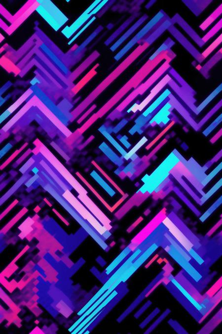 <lora:Felipe Pantone Style:1>Felipe Pantone Style - Futuristic digital chevron pattern using a glitch art medium, evoking the aesthetic of distorted cyberpunk visuals, with a striking and bold color scheme of neon blues and purples