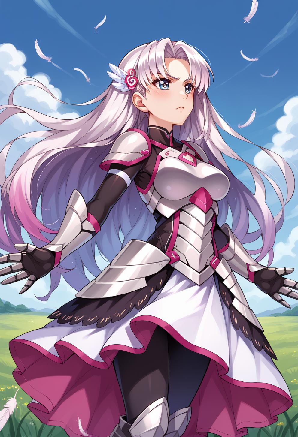 <lora:Misaki-Kurehito-Style-PonyXL:1>, score_9, score_7_up, source_anime, BREAK falling feathers, field, looking away, looking up,  open hands,, serious, 1girl, white eyes, white hair, very long hair, parted hair, parted bangs, gradient hair, lilac hair, medium breasts, wing hair ornament, valkyrie, black bodysuit, armor, gauntlets, greaves, pink breastplate, grey armored skirt, armored dress, pink hues,