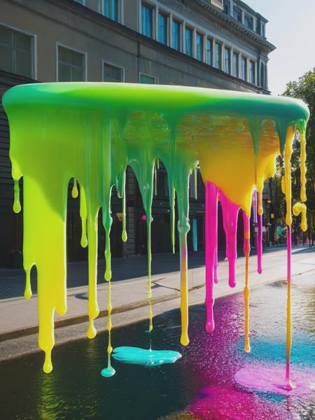 <lyco:DrippingArt:1.0> five flying art sculptures of dripping watery neon colored slime with small pox in the sunny streets of Berlin