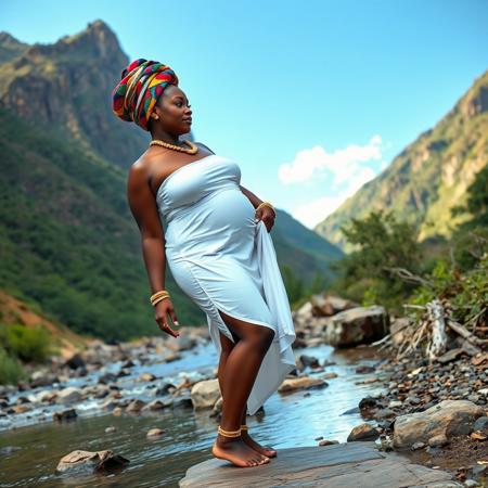 full body shot chubby wide hips African woman dark skin colorful head wrap white body con dress gold anklets barefoot by  a mountain stream
