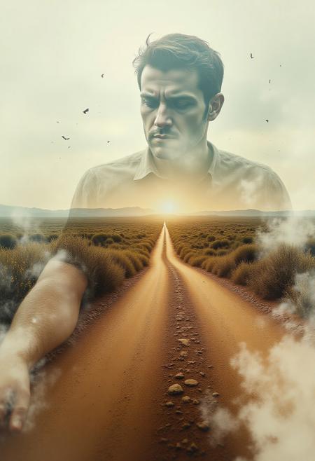 Cinematic style, Midjourney style, Midjourney, beautiful picture,  magnificent,
 abstract digital photo on the theme: double exposure. the inside of a man's forearm, where strained veins transition into dusty beaten paths of roads diverging to the horizon photorealism. S-gamma. masterpiece. 688х1536,FLUXCinematic