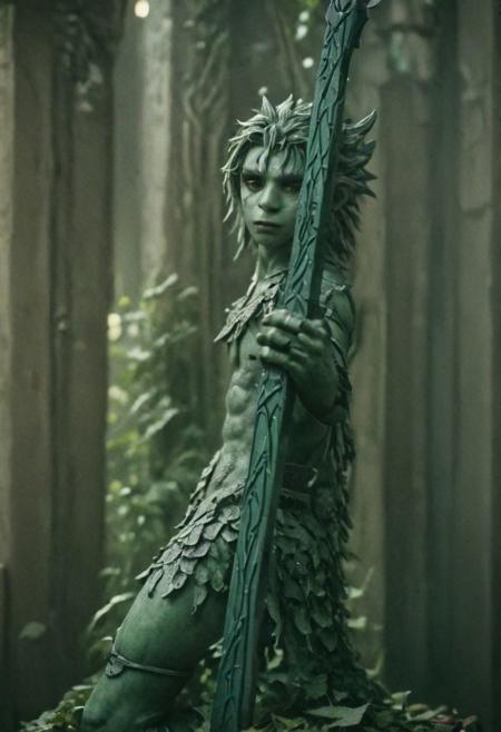 photography in the style of Labirynth, the dark crystal  movies, green, close up of (nature) and (fantasy) creature with a (diminute) sword stained with (detailed:1.5), in a beautiful and ruined ,fantasy,hyper detailed, real skin imperfections, hard lighting, bokeh, ((curi:1.2))(inspire forms in most beautiful New race:1.4) (beautiful:1.4) (ambient fantasy:1.5)(warhammer world:1.0)