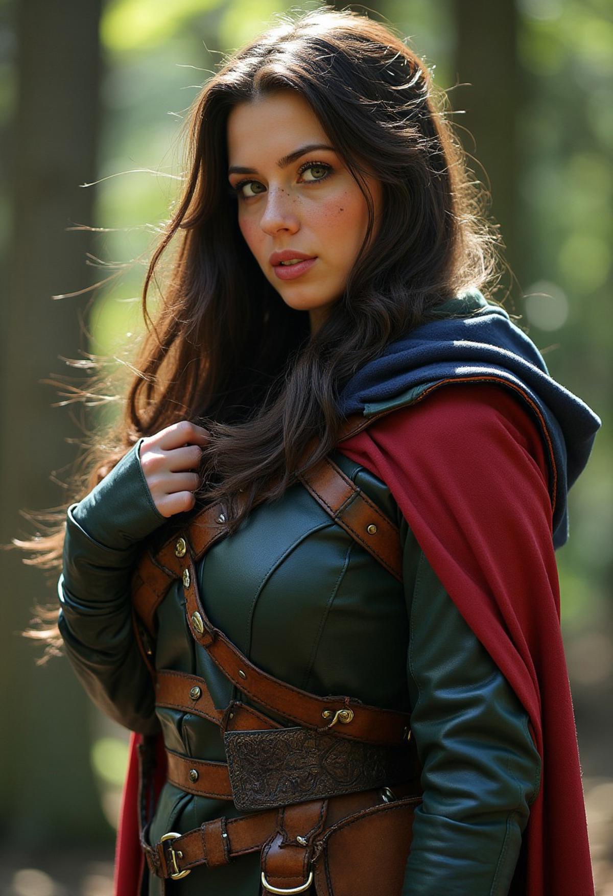 high resolution, side profile, lifelike photorealistic photography of a  huntress, standing confidently looking at her side,  long flowing dark brown hair , detailed face, green eyes with depth, slight freckles, three colored red, green, blue hooded cloak, leather ornate armor, forest background with sunlight, soft diffused light, precise anatomy, detailed hands, excellent and vibrant lighting,