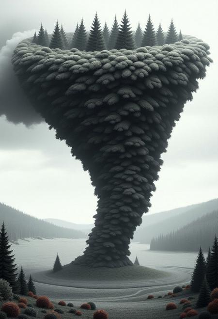 a grey tornado made out of detailed fir needles, farmland background, fir needle style