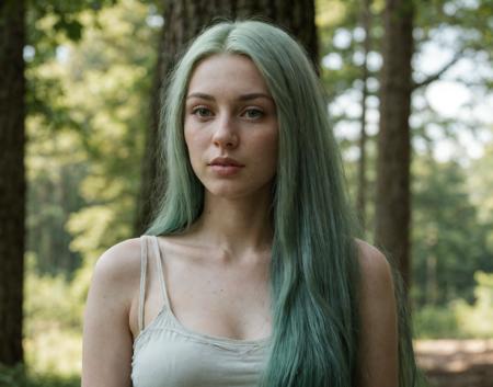 A beautiful 24-year-old woman with long green hair, tall and elegant, wearing natural and casual clothing. She is standing in a scenic outdoor environment with a soft bokeh nature background (trees and greenery). The image is ultra-realistic, high-definition, with detailed skin texture, natural lighting, and professional photographic quality
