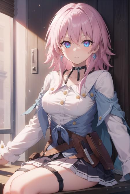 marchseventh, <lora:marchseventh-lora-nochekaiser:1>, 
march seventh, blue eyes, hair between eyes, medium hair, pink eyes, pink hair, two-tone eyes,
BREAK ankle boots, archery shooting glove, badge, bare legs, black choker, black corset, black footwear, black gloves, blue jacket, blue skirt, boots, button badge, buttons, choker, collarbone, corset, earrings, flower ornament, gloves, high heel boots, high heels, jacket, jewelry, long sleeves, miniskirt, partially fingerless gloves, pleated skirt, shirt, single earring, single glove, skirt, thigh strap, tied jacket, underbust, white shirt
BREAK looking at viewer, 
BREAK indoors, classroom,
BREAK <lyco:GoodHands-beta2:1>, (masterpiece:1.2), best quality, high resolution, unity 8k wallpaper, (illustration:0.8), (beautiful detailed eyes:1.6), extremely detailed face, perfect lighting, extremely detailed CG, (perfect hands, perfect anatomy),