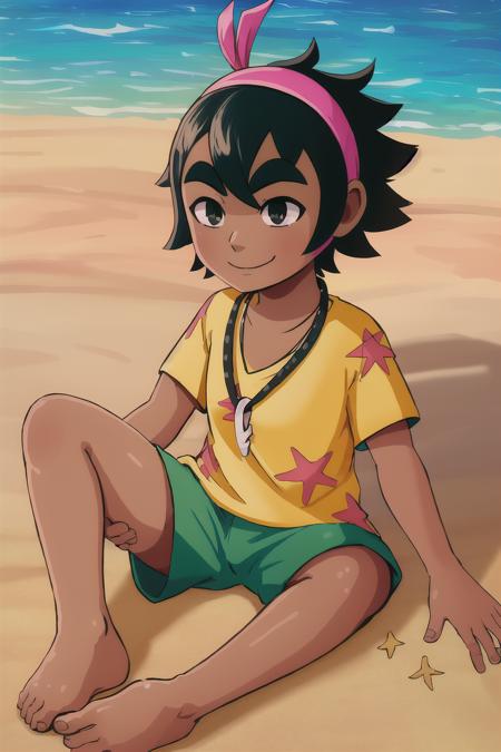 <lora:KoaSummerInMara:0.8>, 1girl, KoaSummer, black hair, short hair, pink hairband, thick eyebrows, black eyes, dark skin, tan, necklace, yellow shirt, green shorts, barefoot, smile, happy, outdoors, laying, beach, sand, sea, ((masterpiece)), (best quality), 8k, ultra-detailed, absurdress, beautiful, highres