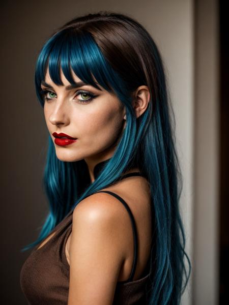 a woman with blue hair and red lipstick, beautiful symmetrical eyes, sexy girl with dark brown hair, very beautiful goth top model, inspired by Olivia de Berardinis, short brown hair with bangs, cosplay on black harley queen, human realistic face, ellora, vanessa morgan, profile picture 1024px, vibrancy,